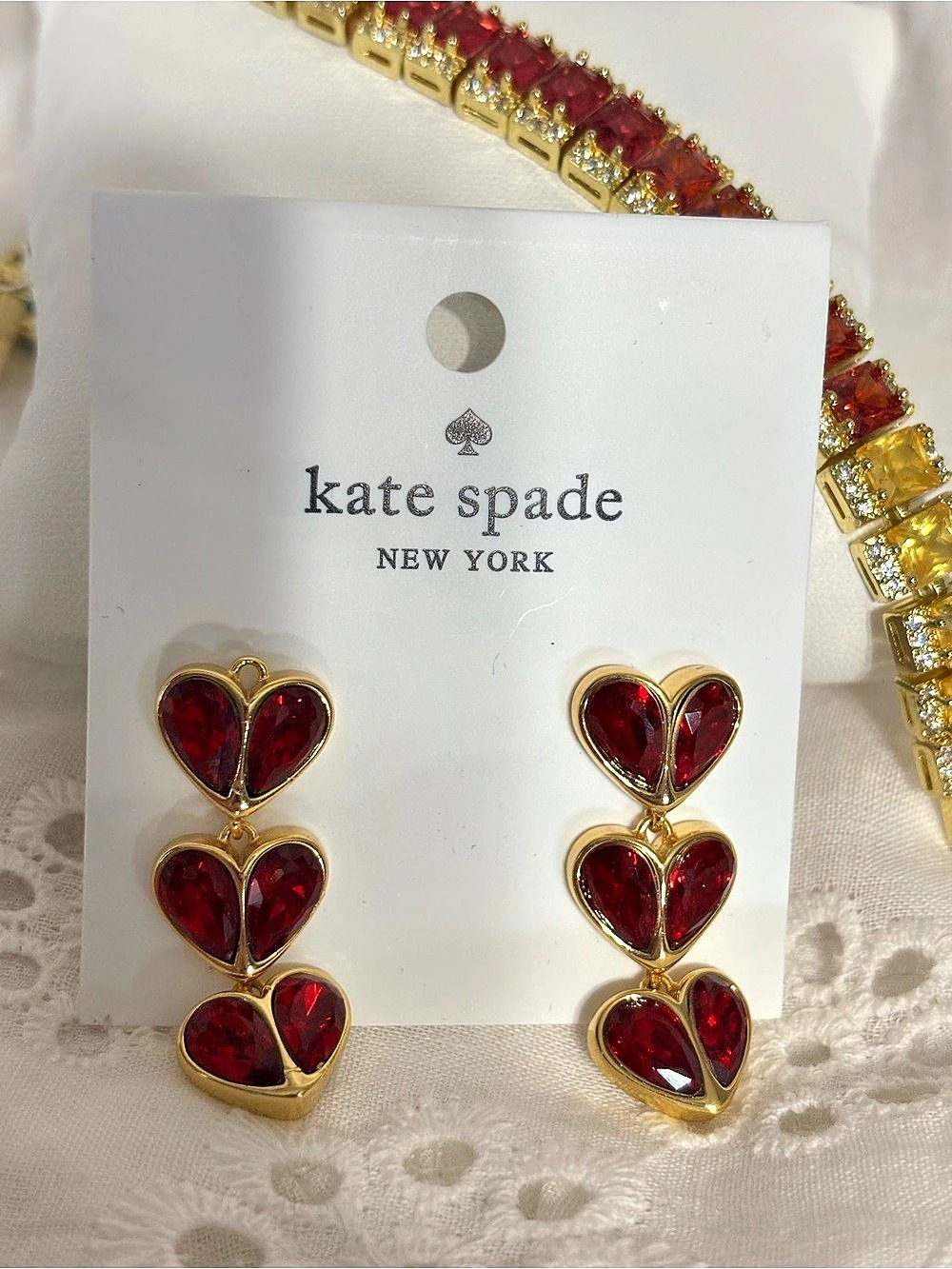 kate spade new york Yours Truly Pavé Heart Triple Drop Earrings Red & Gold